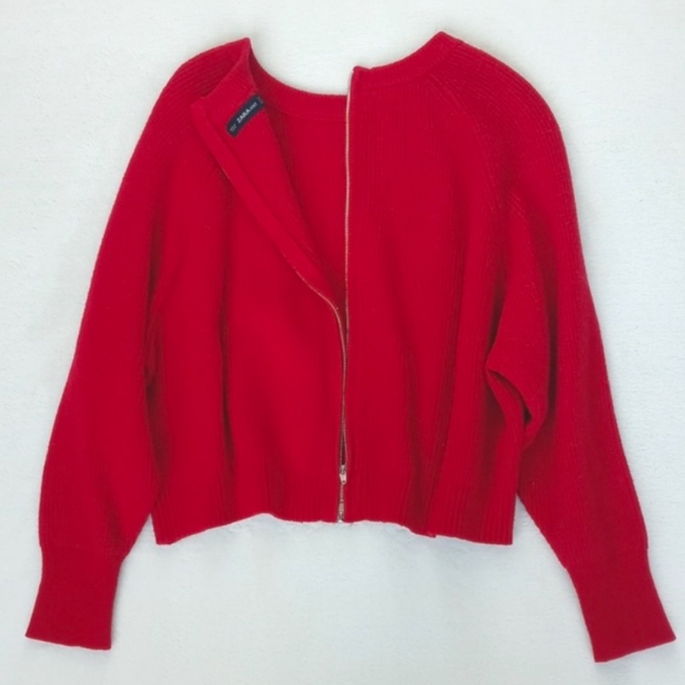Zara Women's Red Cropped Ribbed Nylon Blend Long Sleeve Sweater S (Back Zip) - Picture 10 of 16